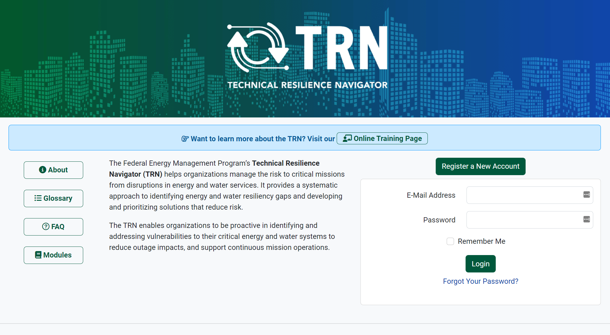 Front page of Technical Resilience Navigator with login