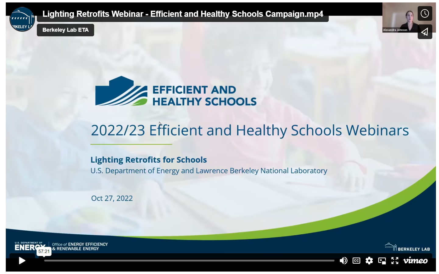 Webinar opening slide with title "Lighting Retrofits for Schools"