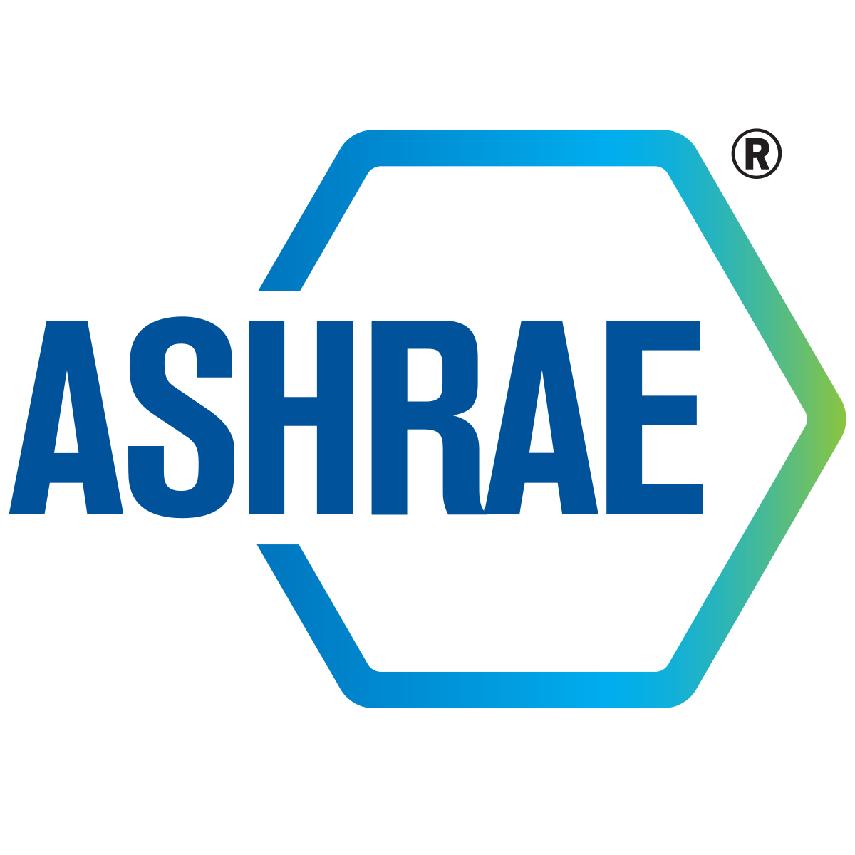 Logo with the text "ASHRAE" with a hexagon behind the name