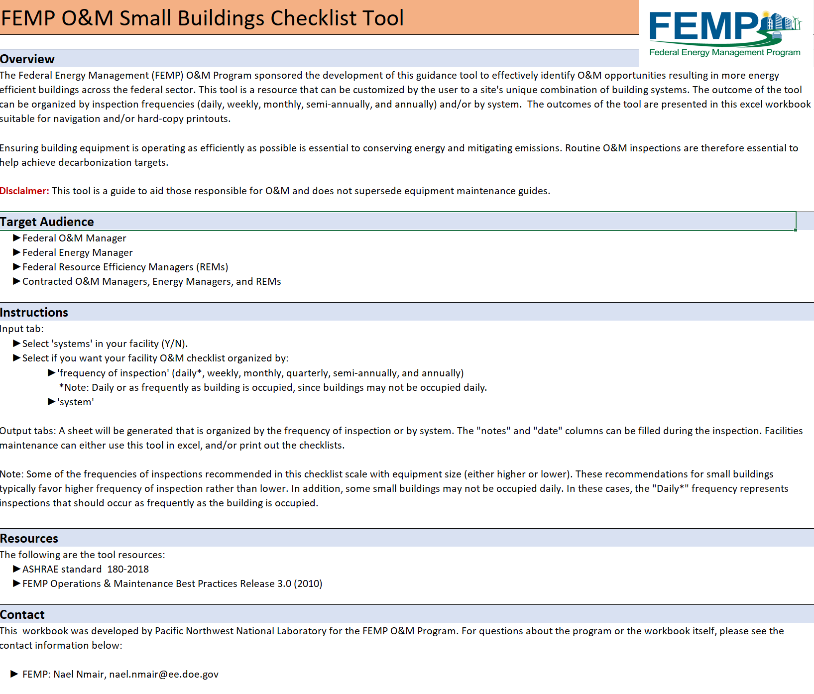 Sample of the tool with heading "FEMP O&M small buildings checklist tool"