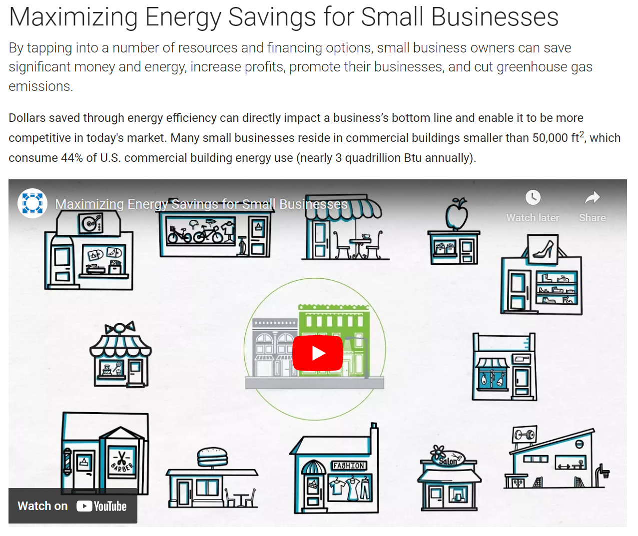 Link to video on website with heading "maximizing energy savings for small businesses"