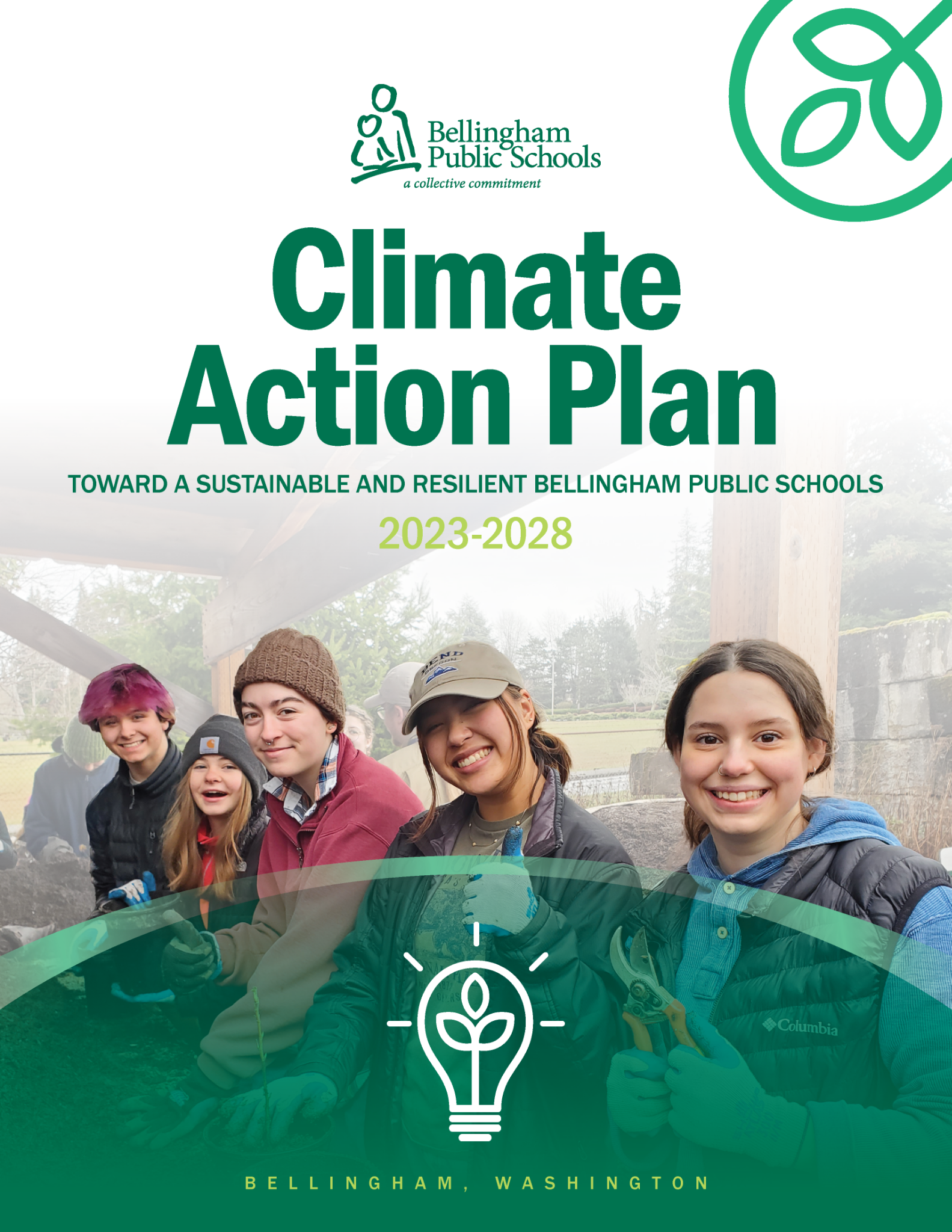 Front cover of Bellingham's climate action plan with schoolchildren