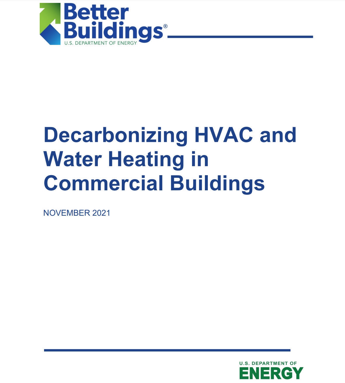 Report cover with title "Decarbonizing HVAC and Water Heating in Commercial Buildings"