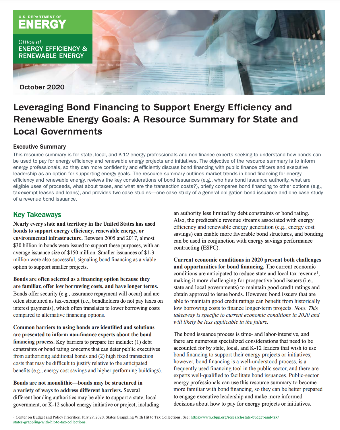 Cover page with key takeaways and title "Leveraging bond financing to support energy efficiency and renewable energy goals"