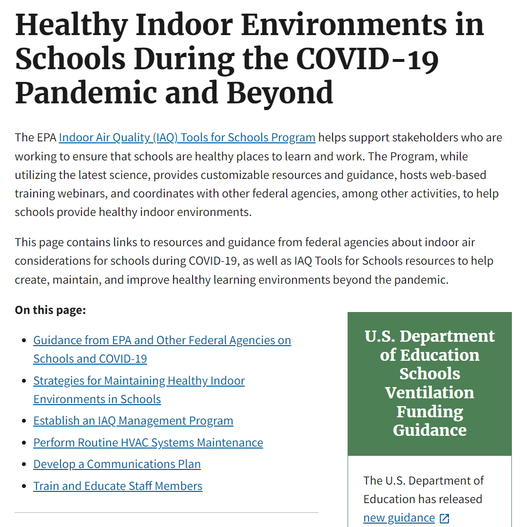 Webpage with heading "This page contains links to resources and guidance from federal agencies about indoor air considerations for schools during COVID-19, as well as IAQ Tools for Schools resources to help create, maintain, and improve healthy learning environments beyond the pandemic."