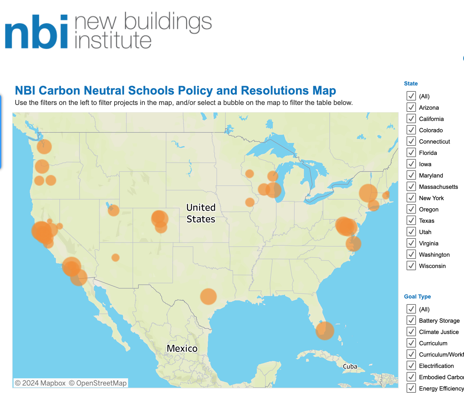 Map of the US that shows schools with carbon neutral policies or resolutions