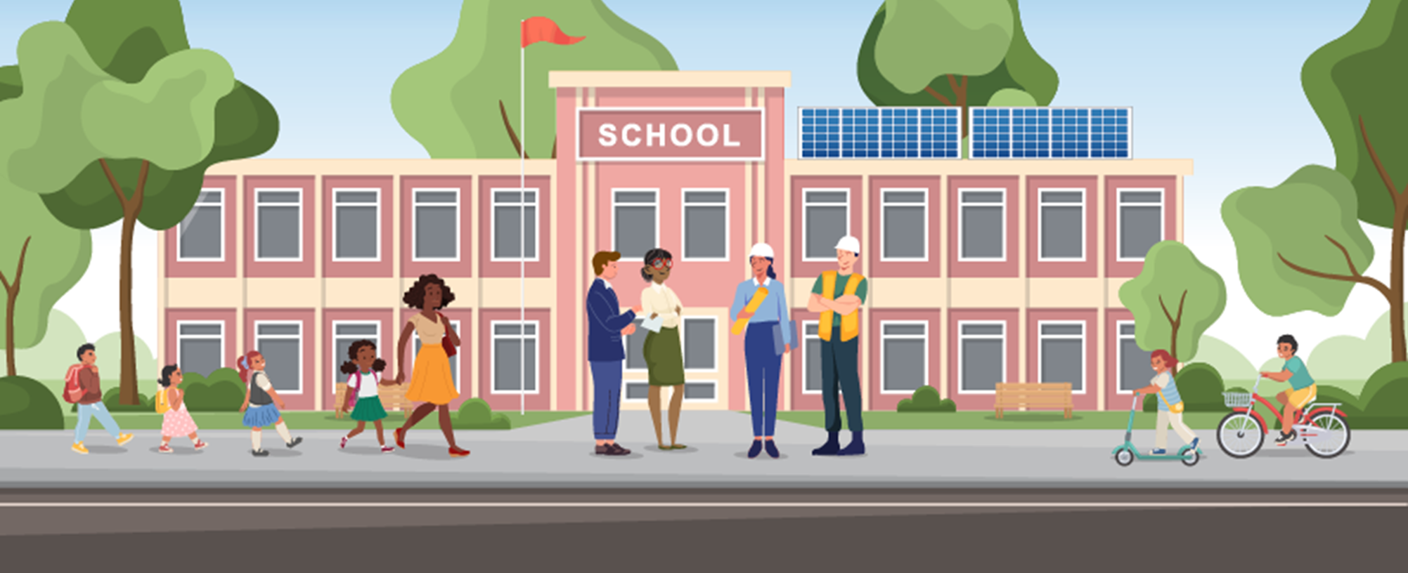 Illustration of a group of adults and kids standing in front of a school with solar panels on it